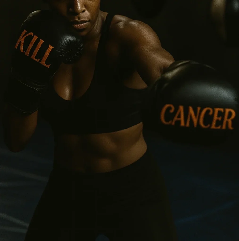 Woman in fighting stance with “Kill Cancer” gloves, embodying strength and resilience in a holistic cancer support journey