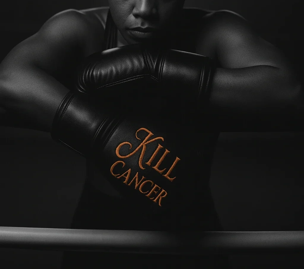Gloves reading “Kill Cancer” representing shared fight in online cancer support groups.